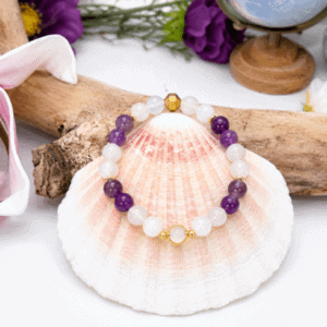 Bracelet soutien pendant la ménopause en lépidolite, pierre de lune, améthyste et sélénite
