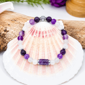Bracelet élastique ménopause en lépidolite, pierre de lune, améthyste et sélénite