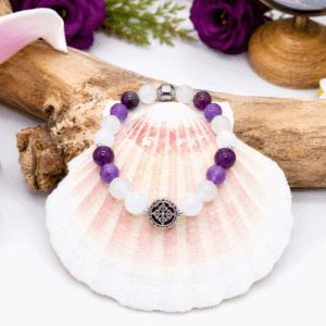 Bracelet élastique ménopause en lépidolite, pierre de lune, améthyste et sélénite