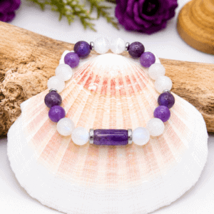 Bracelet ménopause en lépidolite, pierre de lune, améthyste et sélénite