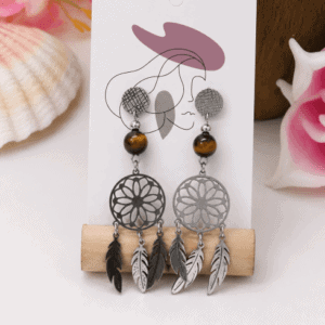 Boucles d'Oreilles Attrape-Rêves en Œil de Tigre Naturel