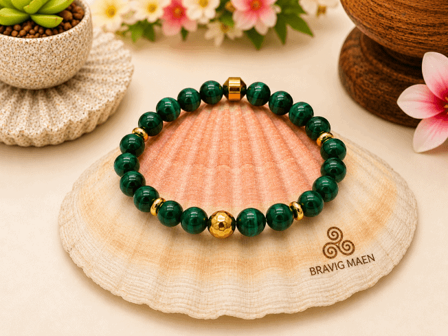bracelet en malachite 8 mm version dorée