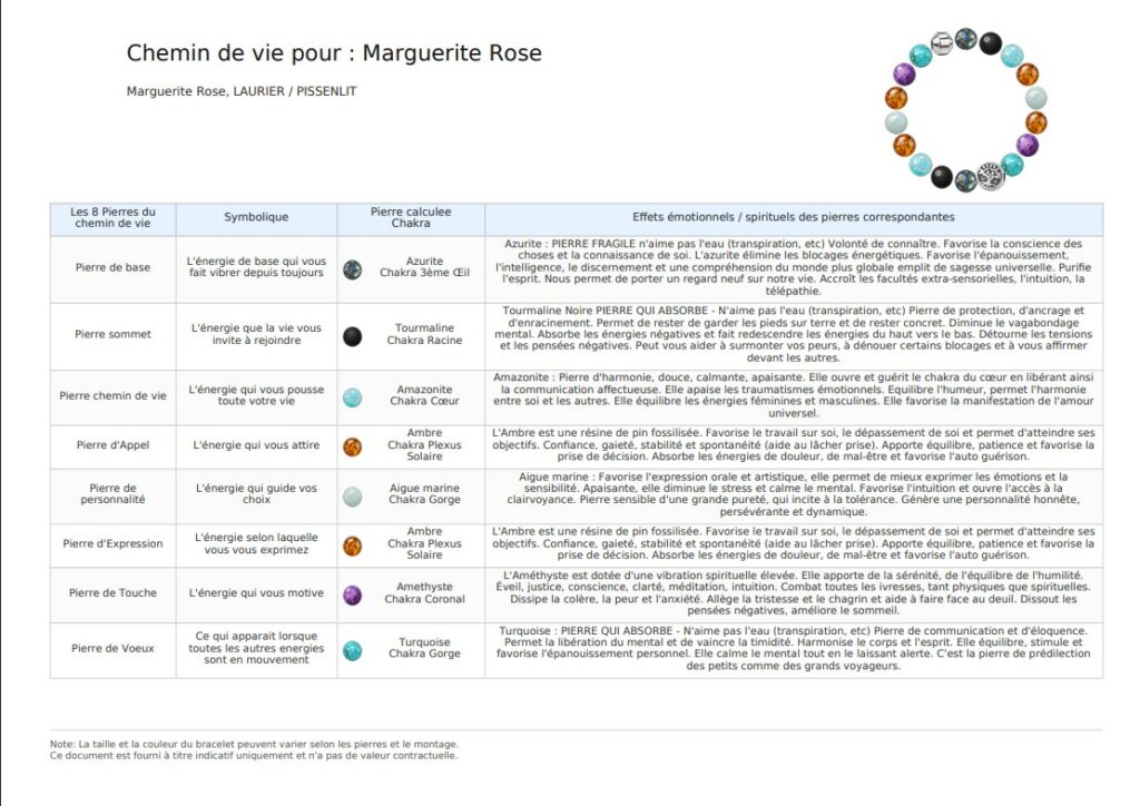 exemple de fiche de résultats de chemin de vie