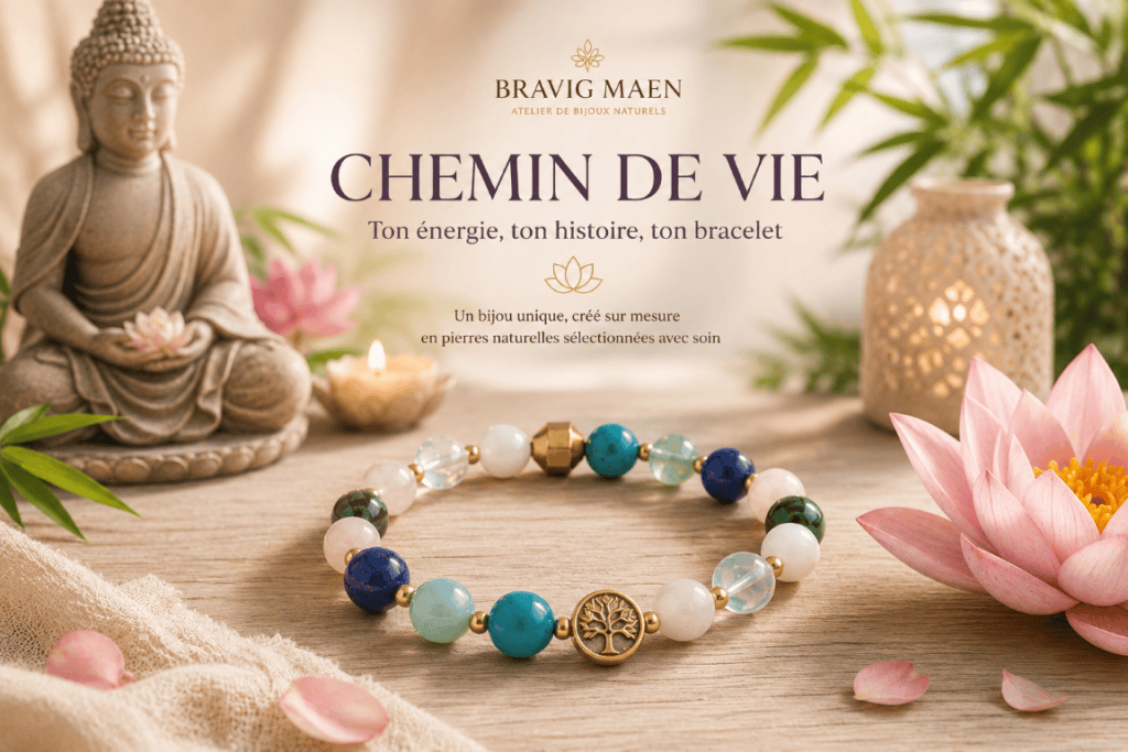 Bracelet Chemin de Vie personnalisé en pierres naturelles Bravig Maen”.